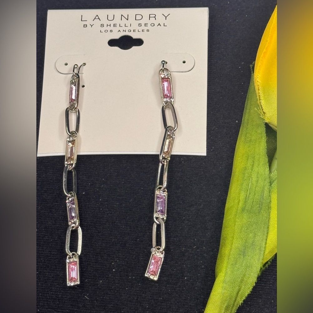 NWT Laundry by Shelli Segal Silver Pink Crystal Link Drop Earrings 3.75"